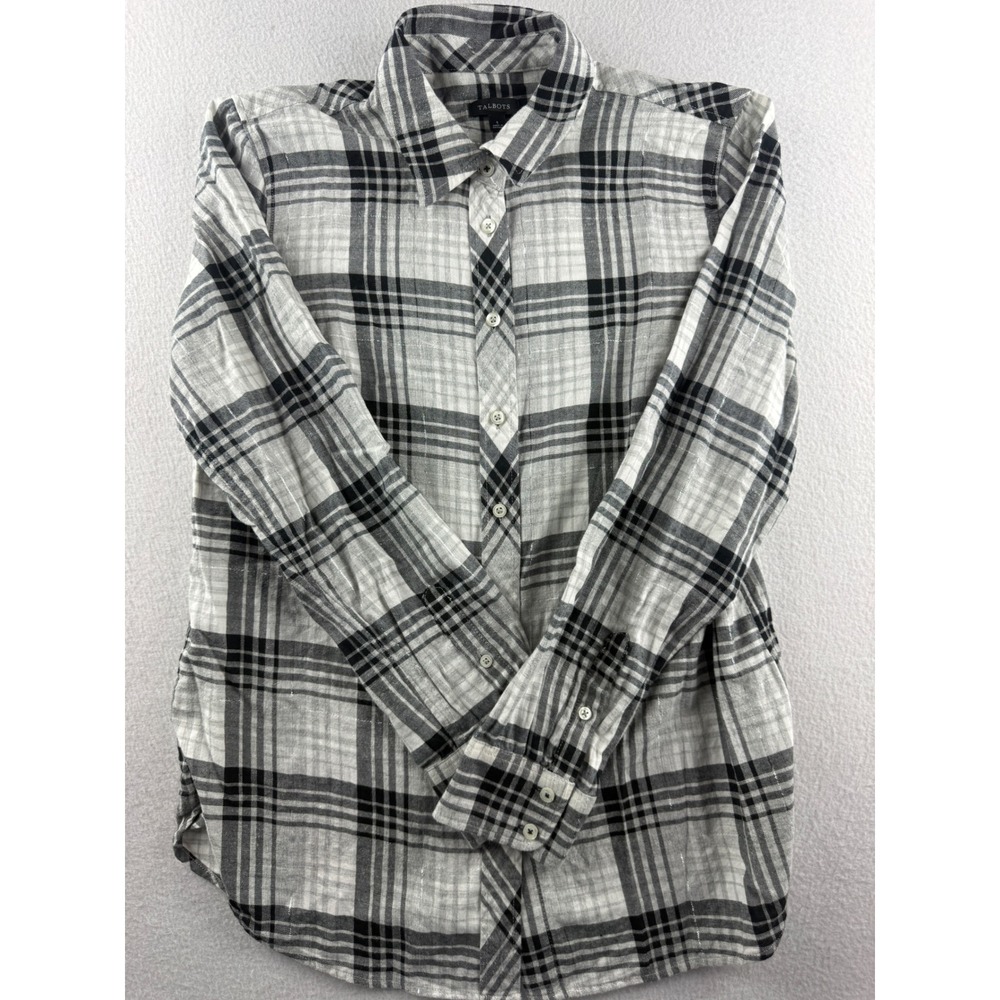 Talbots Womens Black White Plaid Metallic Silver Lurex Button Down Shirt S